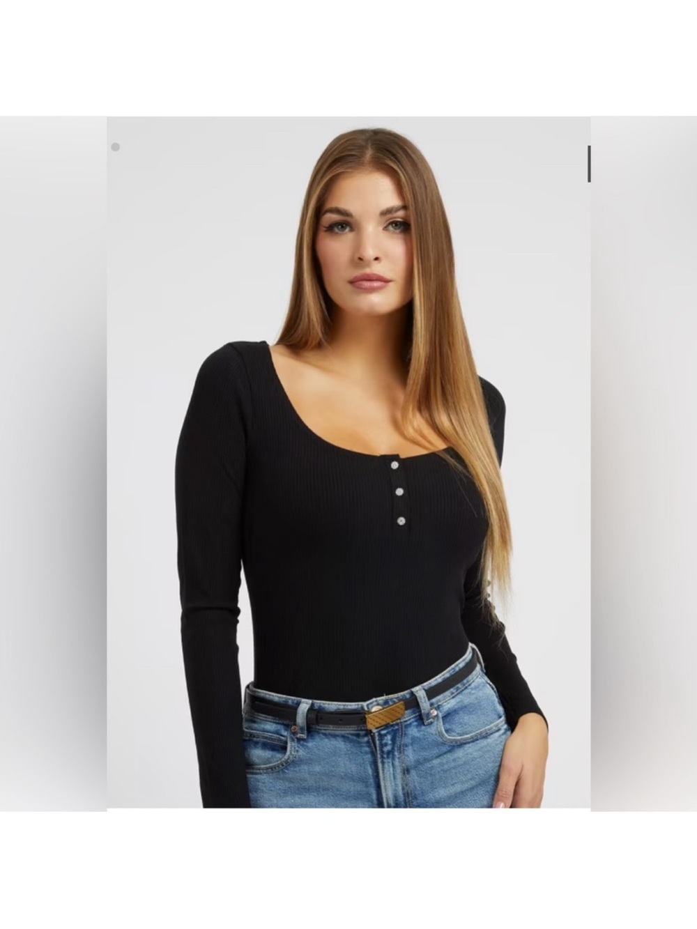 Guess black Marley ribbed jewel button long sleeve round neck top